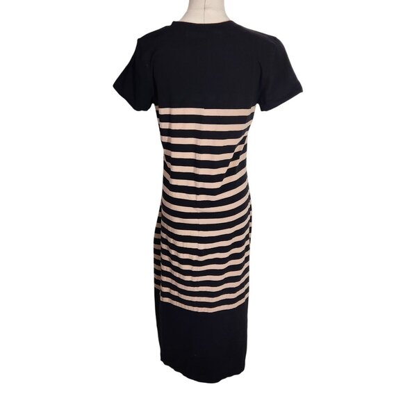 J. Crew Black & Beige Striped Midi Dress Short Sleeve Cotton Womens Size M - Picture 3 of 16